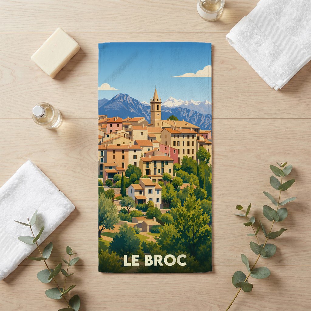 Serviette de bain souvenir de la ville de Le Broc avec une illustration stylisée.