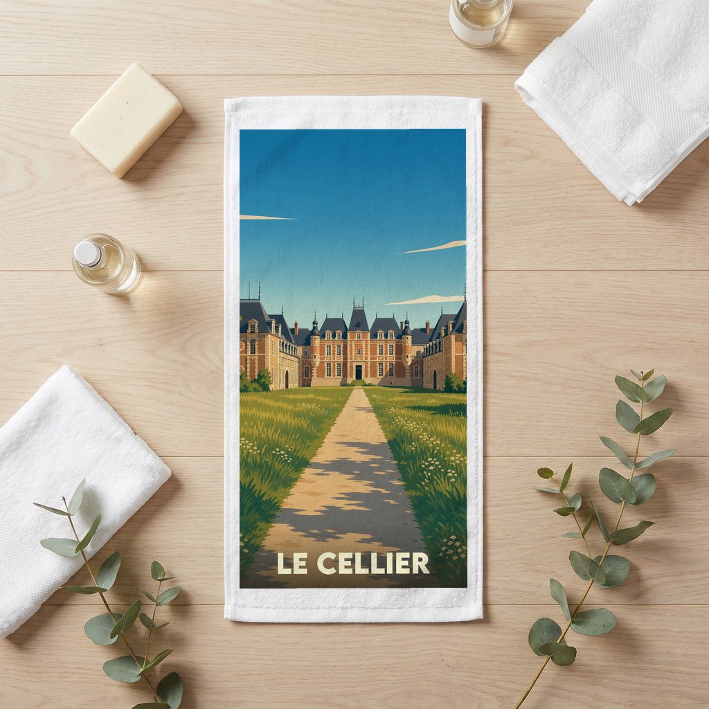 Serviette de bain souvenir de la ville de Le Cellier avec une illustration stylisée d'un château.