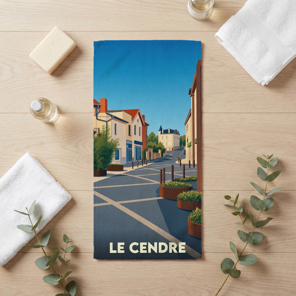 Serviette de bain souvenir de la ville de Le Cendre avec une illustration stylisée.