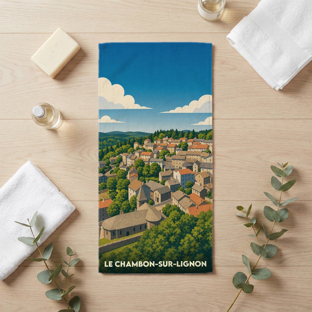 Serviette de bain souvenir de la ville de Le Chambon-sur-Lignon avec une illustration stylisée.