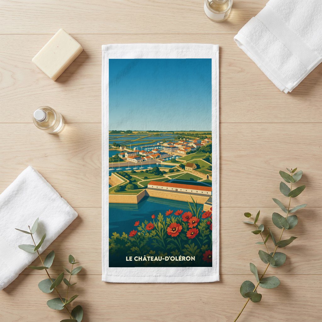 Serviette de toilette souvenir de la ville du Château-d'Oléron avec une illustration stylisée de sa citadelle et de son port.