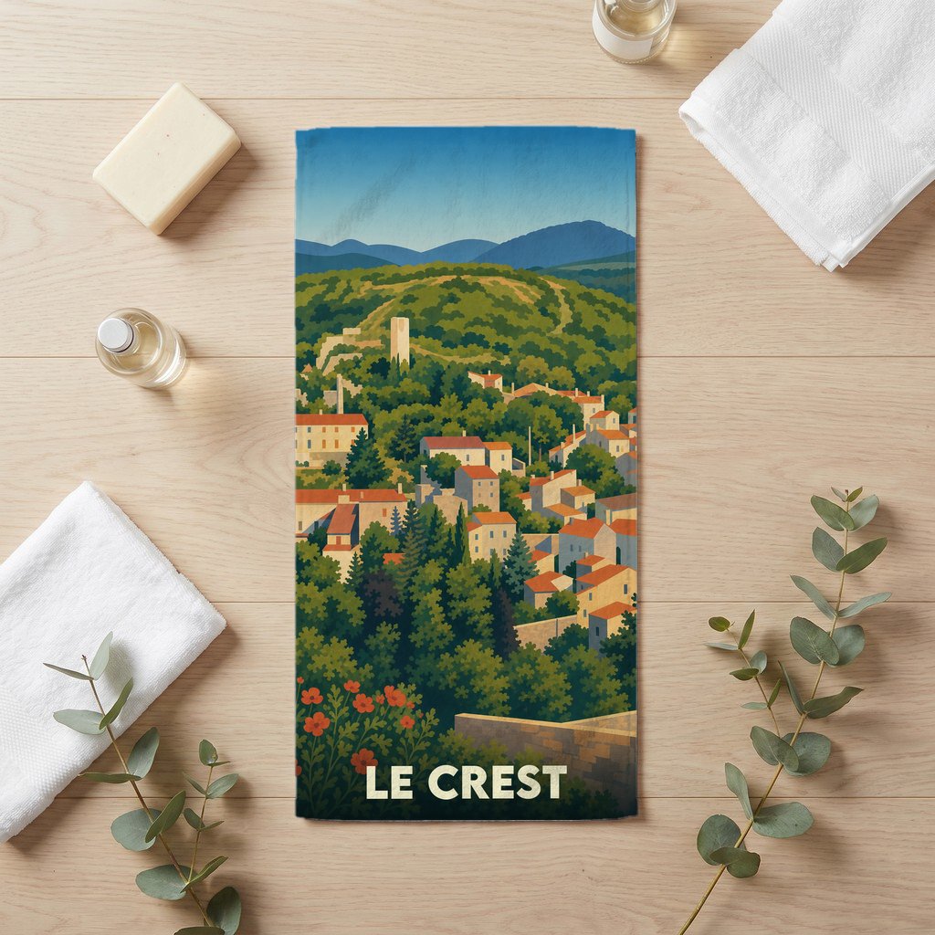 Serviette de bain souvenir de la ville de Le Crest avec une illustration stylisée de son paysage vallonné.
