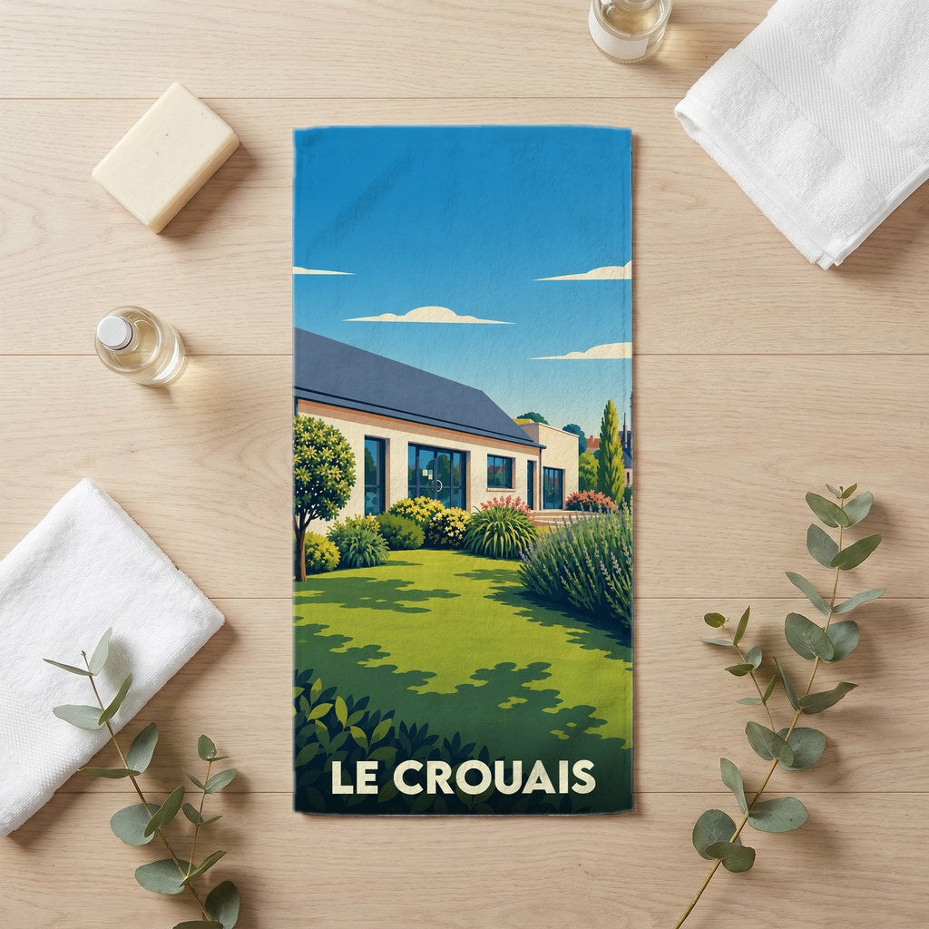 Serviette de bain souvenir de la ville de Le Crouais avec une illustration stylisée de paysage.