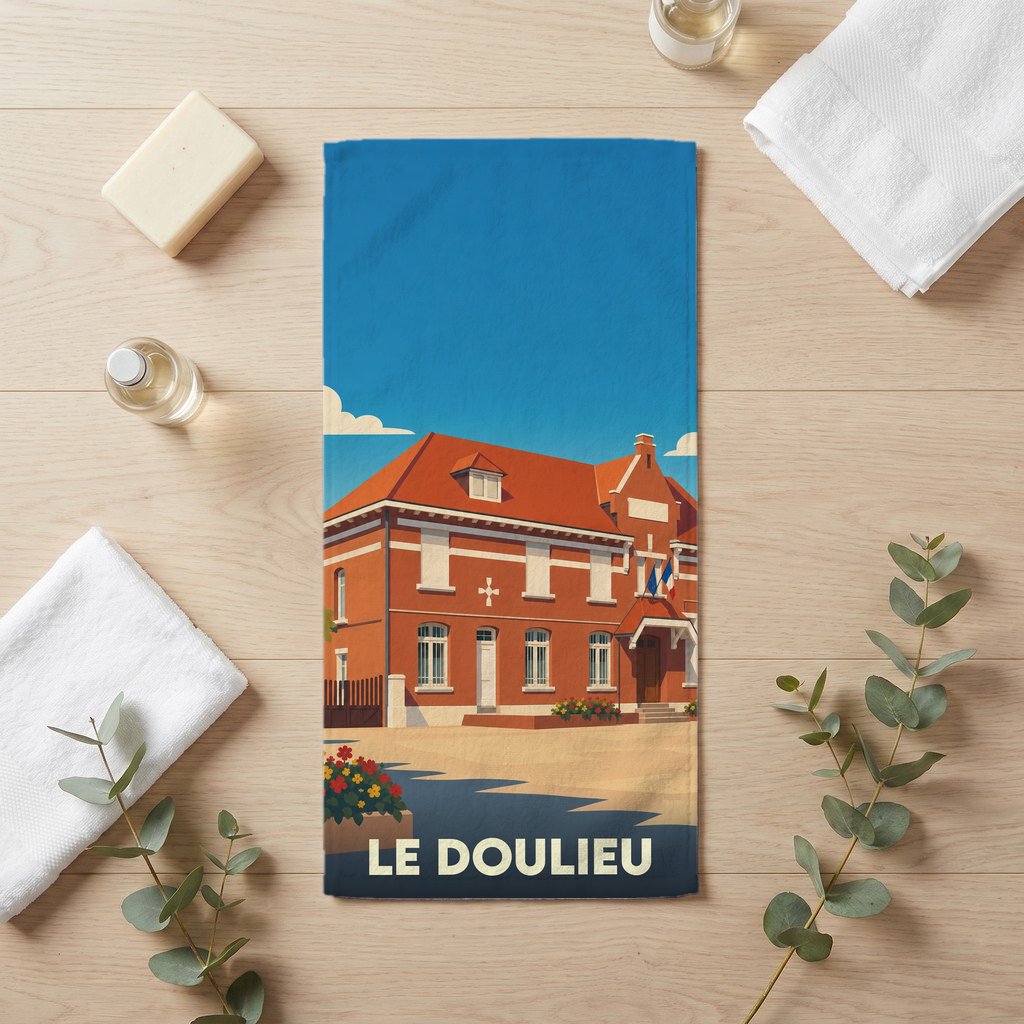 Serviette de bain souvenir de la ville de Le Doulieu avec une illustration stylisée d'un bâtiment typique.