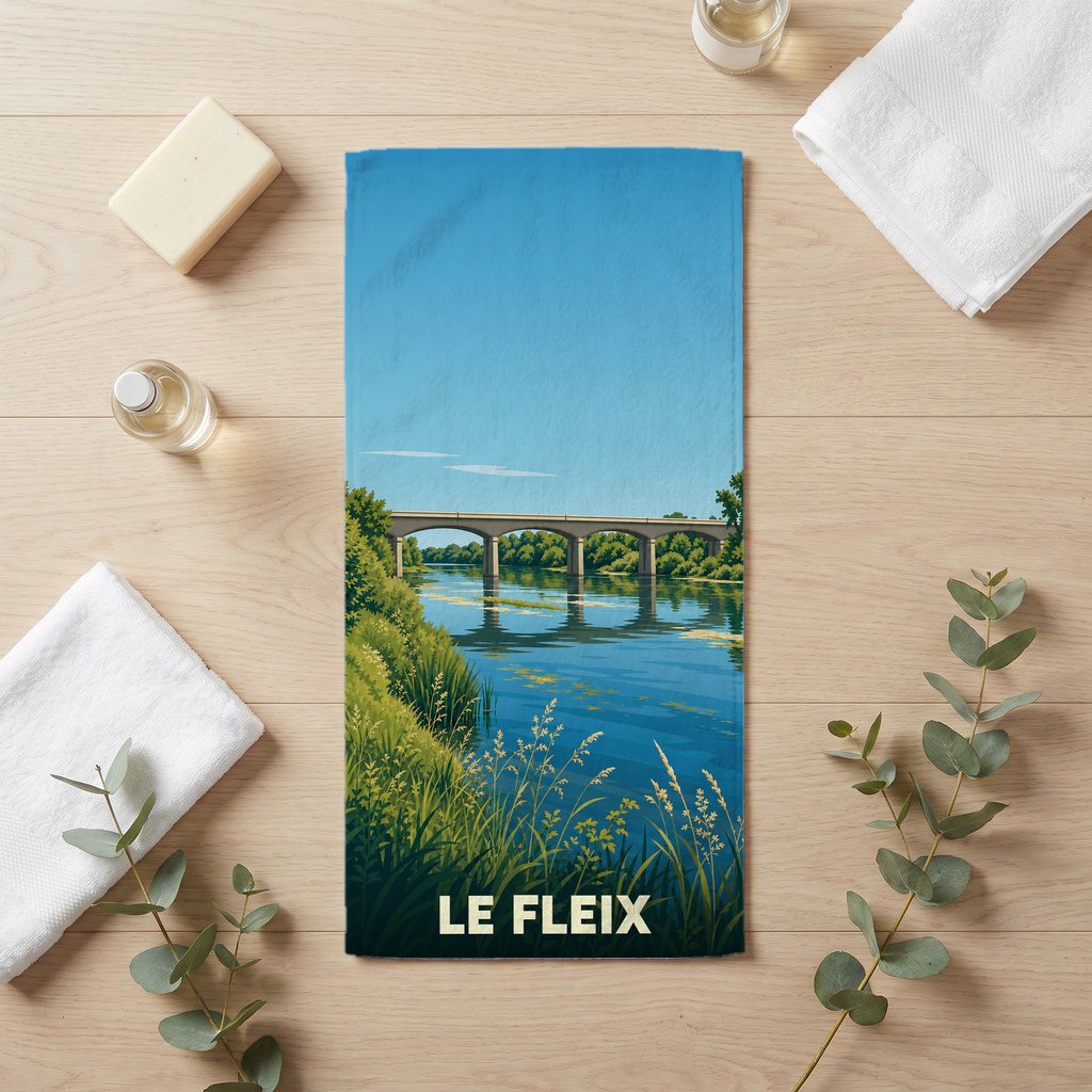 Serviette de bain souvenir de la ville de Le Fleix avec une illustration stylisée d'un pont surplombant une rivière.
