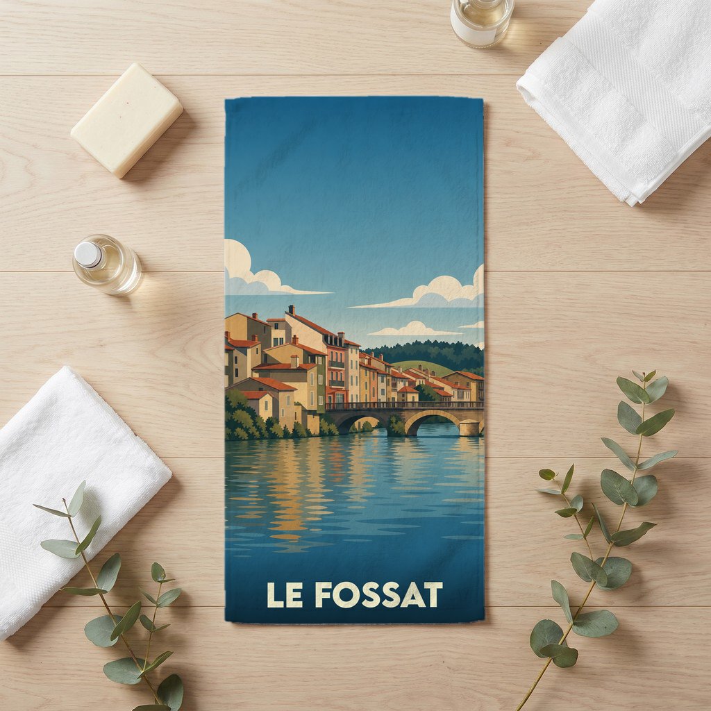 Serviette de bain souvenir de la ville de Le Fossat avec une illustration stylisée d'un paysage fluvial.
