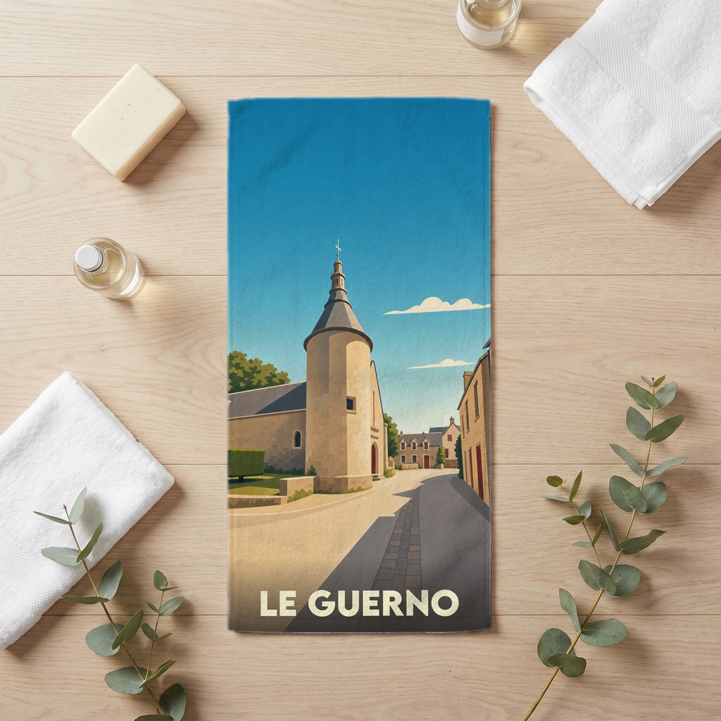Serviette de bain souvenir de la ville de Le Guerno avec une illustration stylisée.