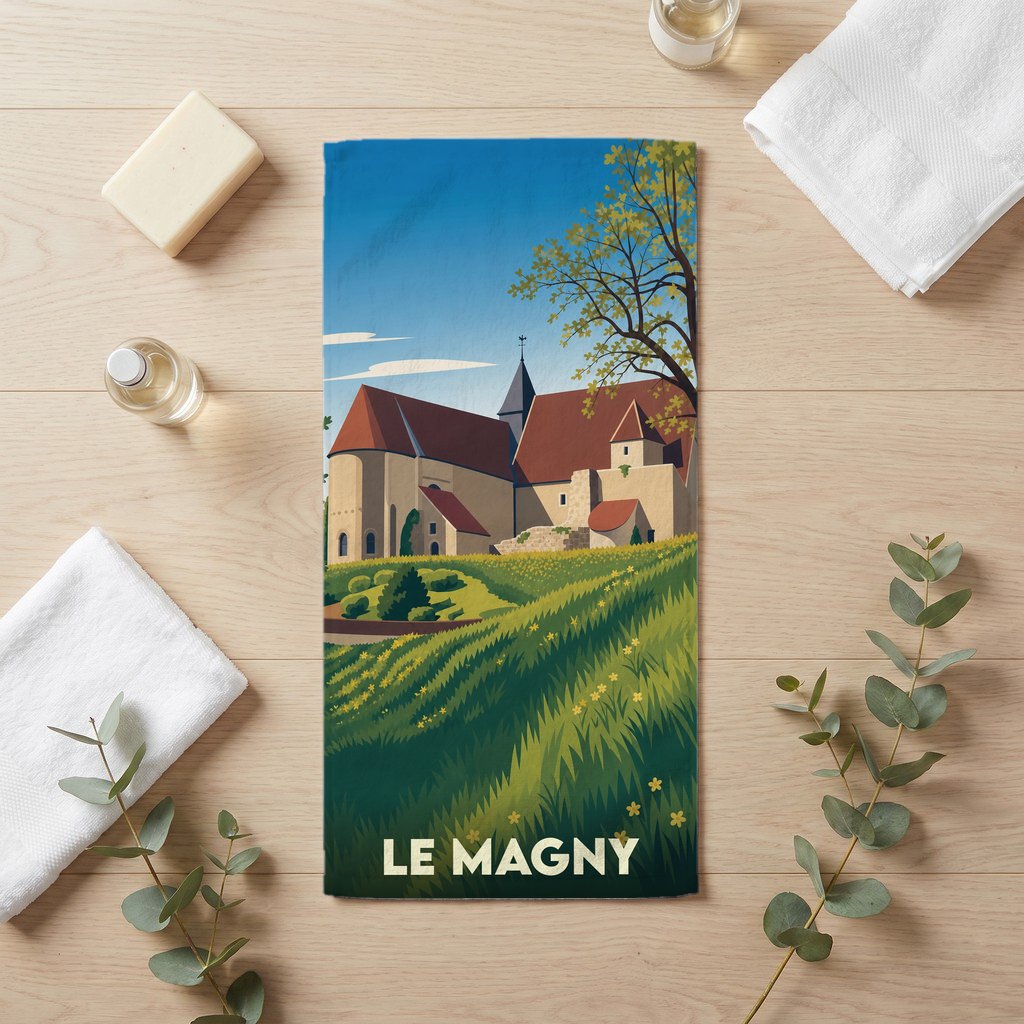 Serviette de bain souvenir de la ville de Le Magny avec une illustration stylisée d'un paysage historique.