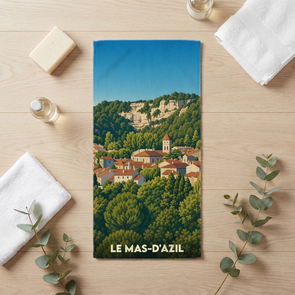 Serviette de bain souvenir de la ville de Le Mas-d'Azil avec une illustration stylisée d'un village niché dans la verdure.