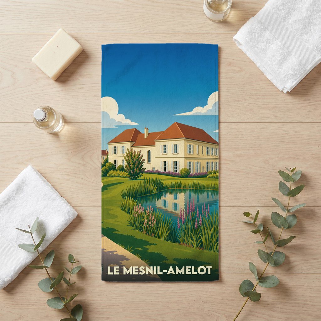 Serviette de bain souvenir de la ville de Le Mesnil-Amelot avec une illustration stylisée d'un manoir au bord de l'eau.