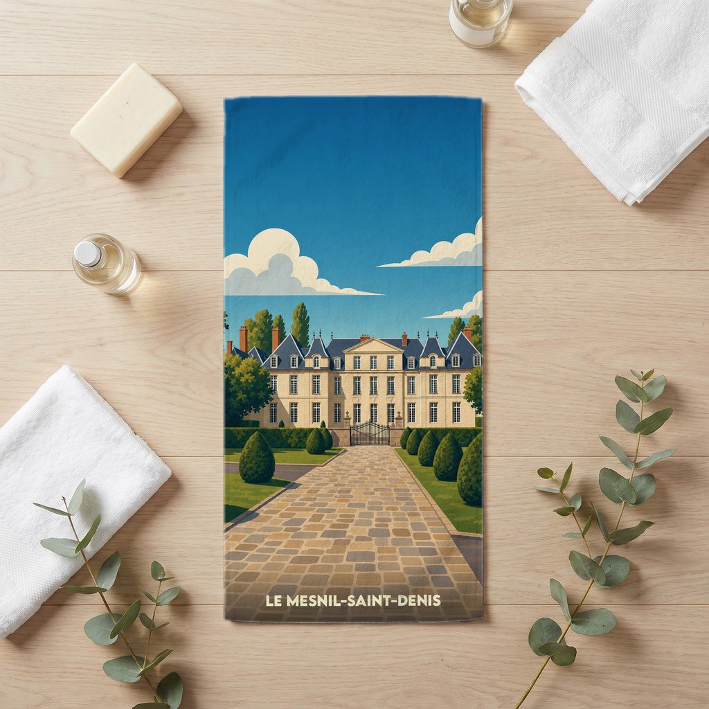 Serviette de bain souvenir de la ville de Le Mesnil-Saint-Denis avec une illustration stylisée de son château.