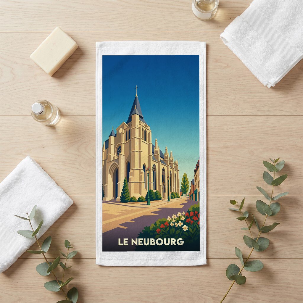 Serviette de bain souvenir de la ville de Le Neubourg avec une illustration stylisée de son église.