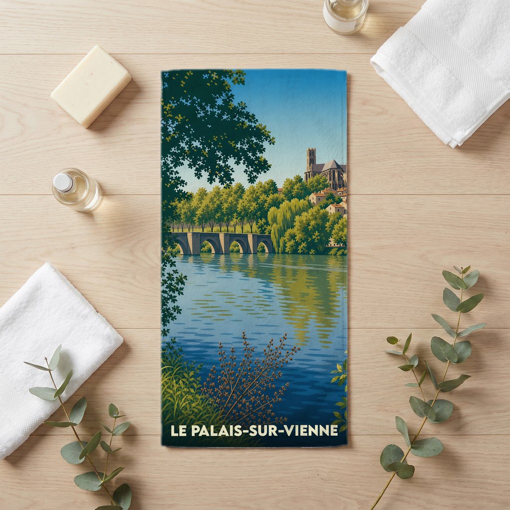 Serviette de bain souvenir de la ville de Le Palais-sur-Vienne avec une illustration stylisée d'un pont et d'une cathédrale au bord de l'eau.