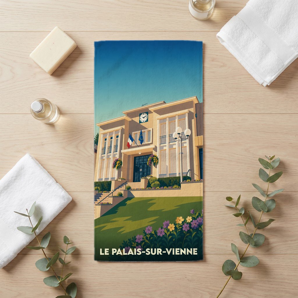 Serviette de bain souvenir de la ville de Le Palais-sur-Vienne avec une illustration stylisée de sa mairie.