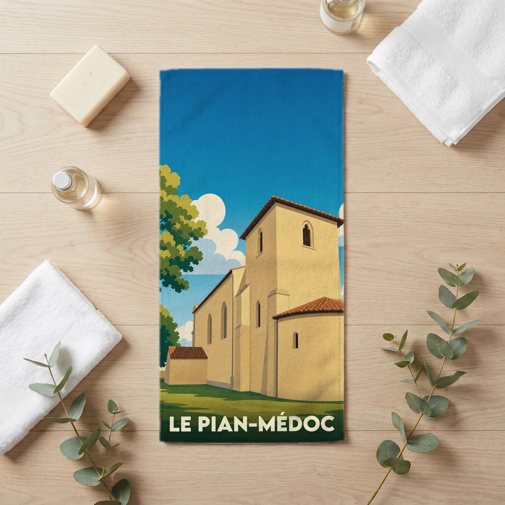 Serviette de bain souvenir de la ville de Le Pian-Médoc avec une illustration stylisée de son église.