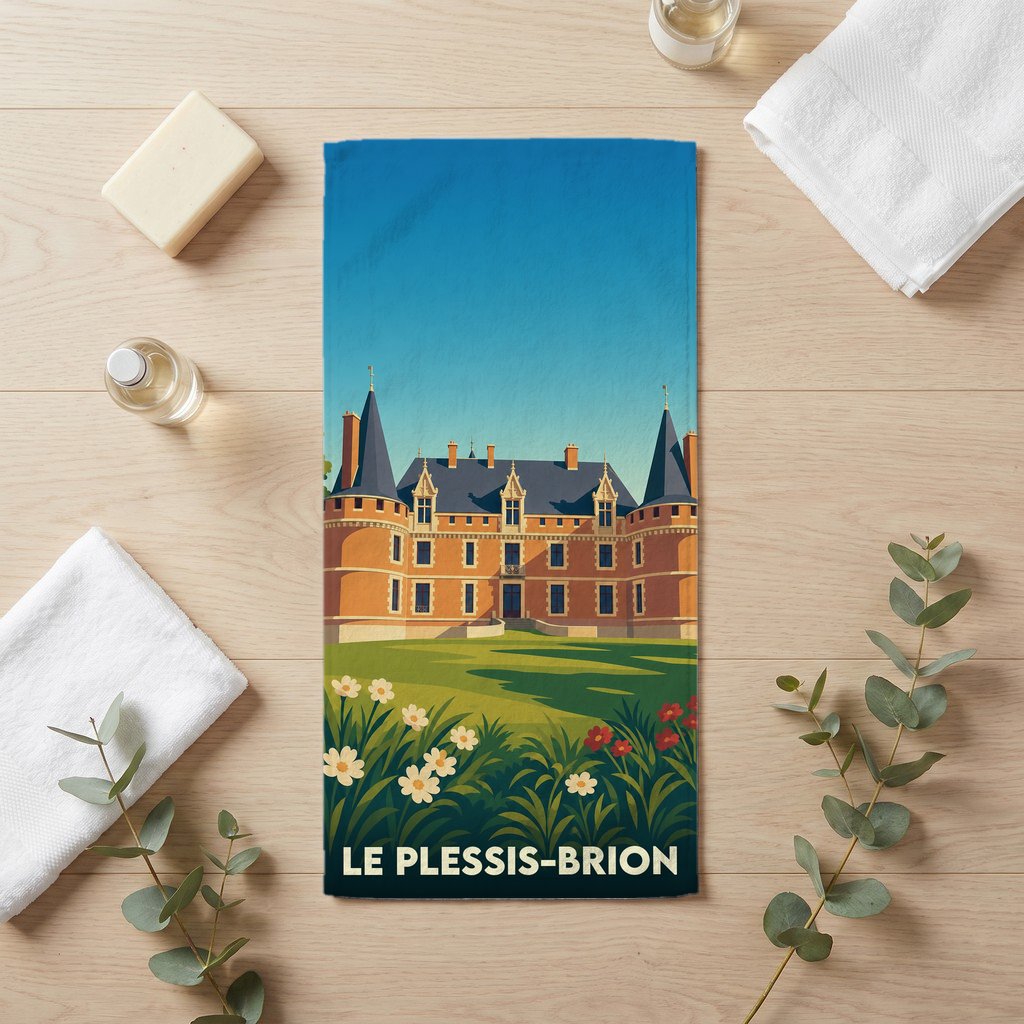 Serviette de bain souvenir de la ville de Le Plessis-Brion avec une illustration stylisée de son château.