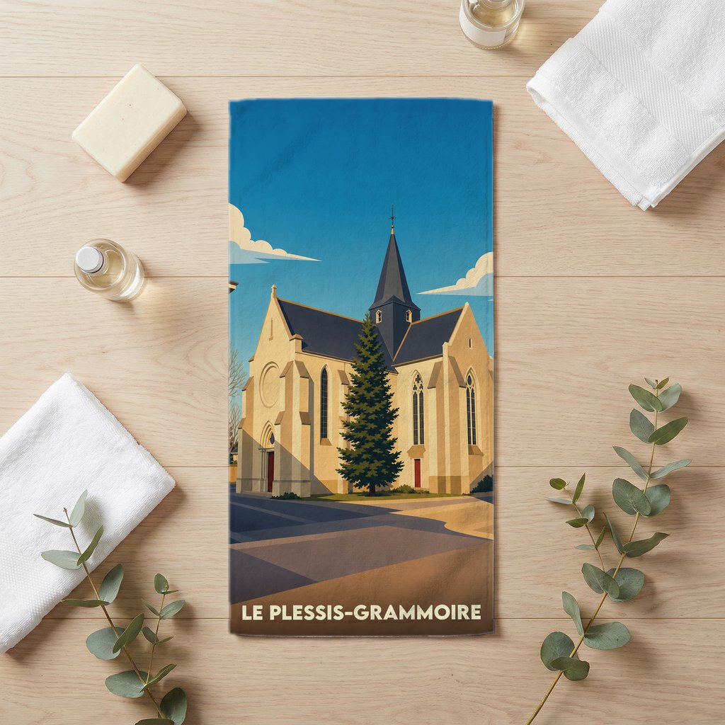 Serviette de bain souvenir de la ville de Le Plessis-Grammoire avec une illustration stylisée de son église.