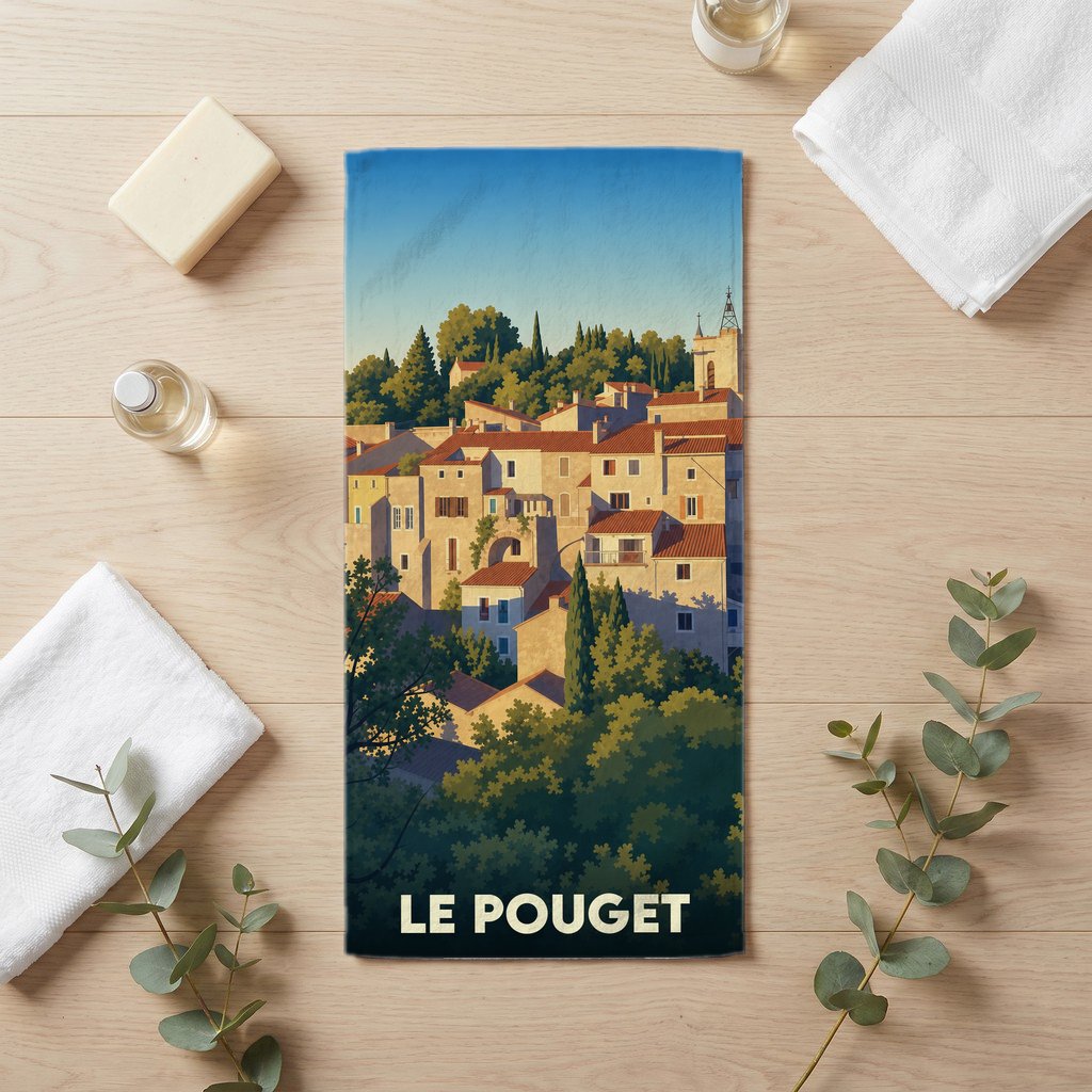 Serviette de bain souvenir de la ville de Le Pouget avec une illustration stylisée.