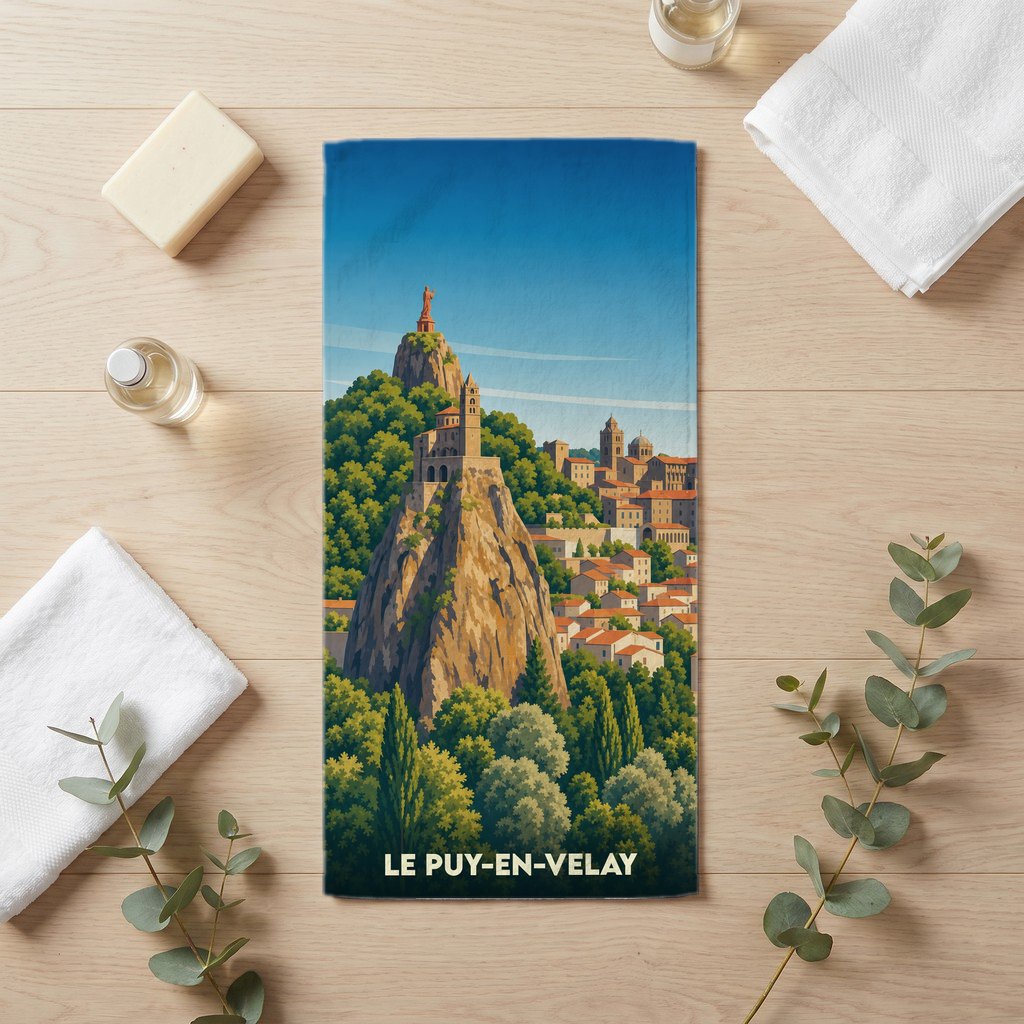 Serviette de bain souvenir de la ville du Puy-en-Velay avec une illustration stylisée de ses rochers et monuments emblématiques.
