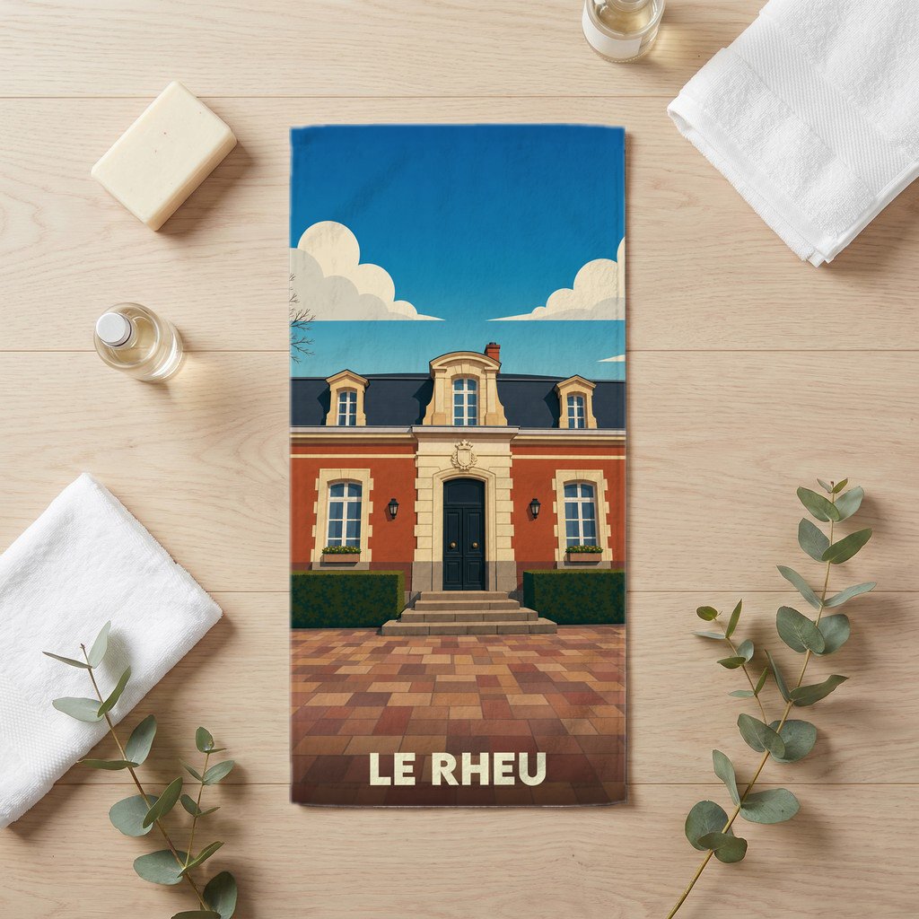 Serviette de bain souvenir de la ville de Le Rheu avec une illustration stylisée d'un bâtiment classique.