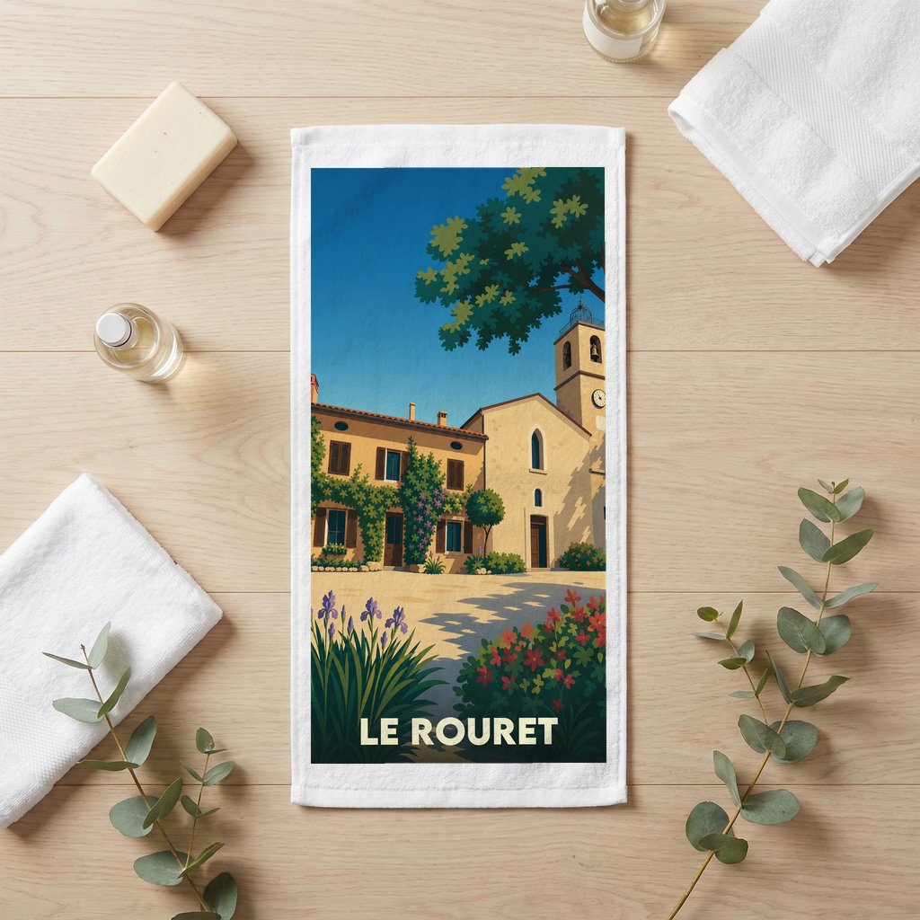 Serviette de bain souvenir de la ville de Le Rouret avec une illustration stylisée.