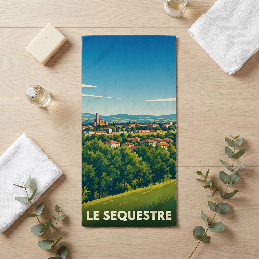 Serviette de bain souvenir de la ville de Le Sequestre avec une illustration stylisée.