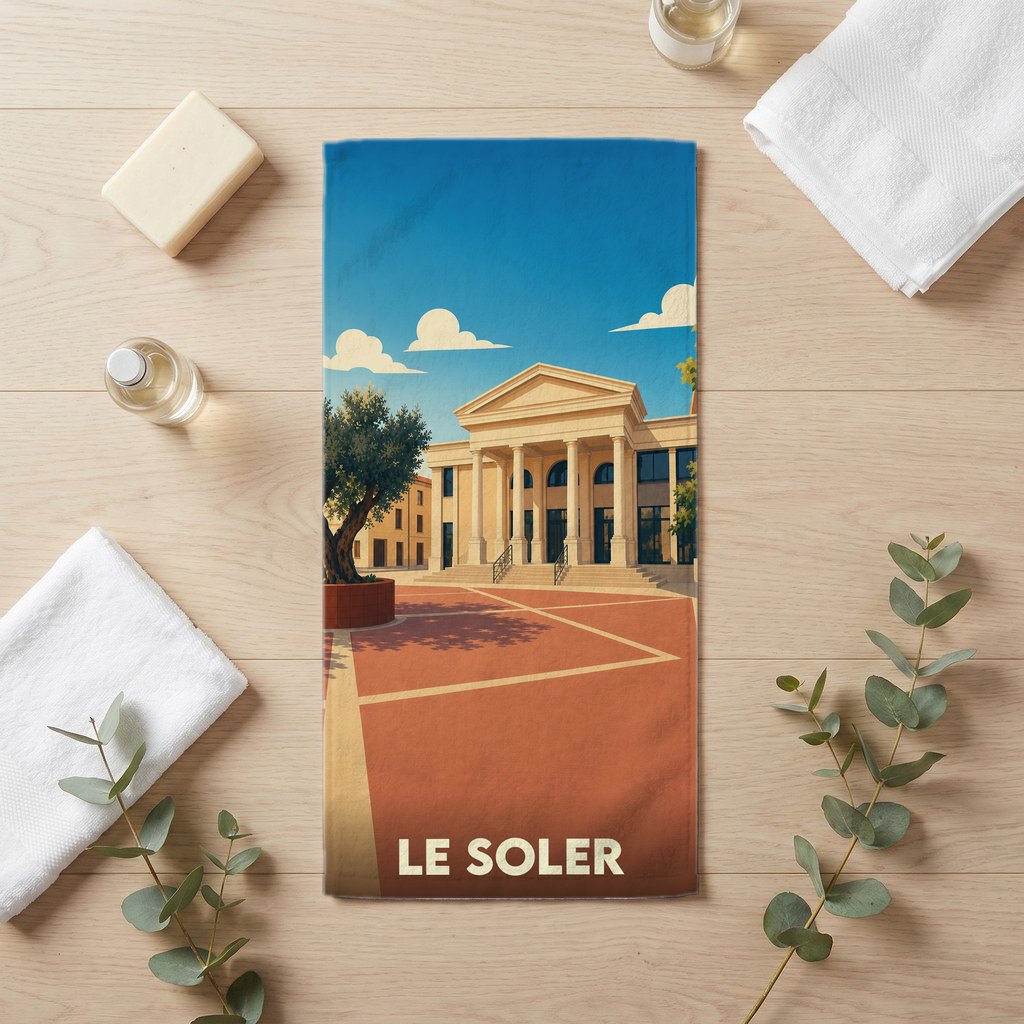 Serviette de bain souvenir de la ville de Le Soler illustrée d'un bâtiment classique sous un ciel azur.