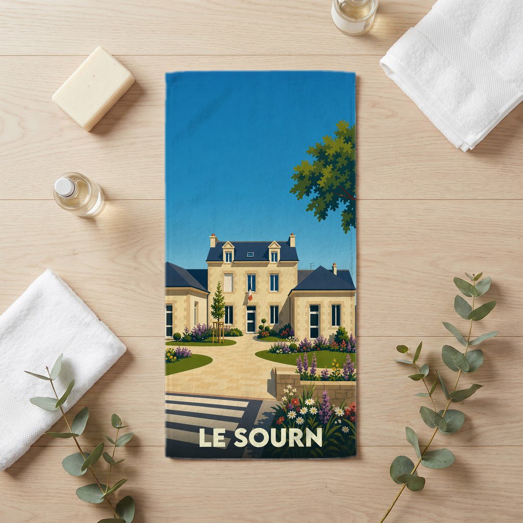 Serviette de bain souvenir de la ville de Le Sourn illustrant une bâtisse élégante avec des jardins fleuris.