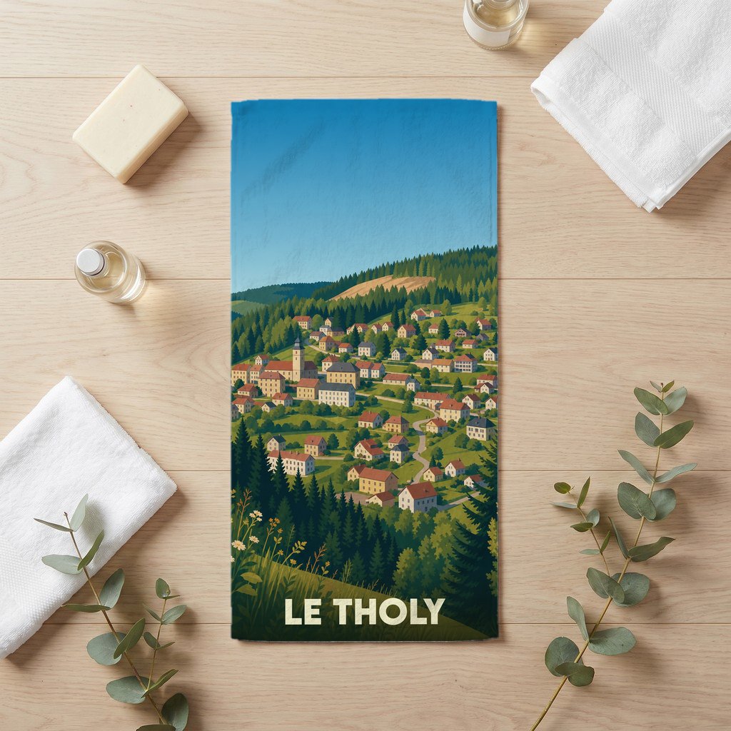 Serviette de bain souvenir de la ville de Le Tholy avec une illustration de paysage de montagne.