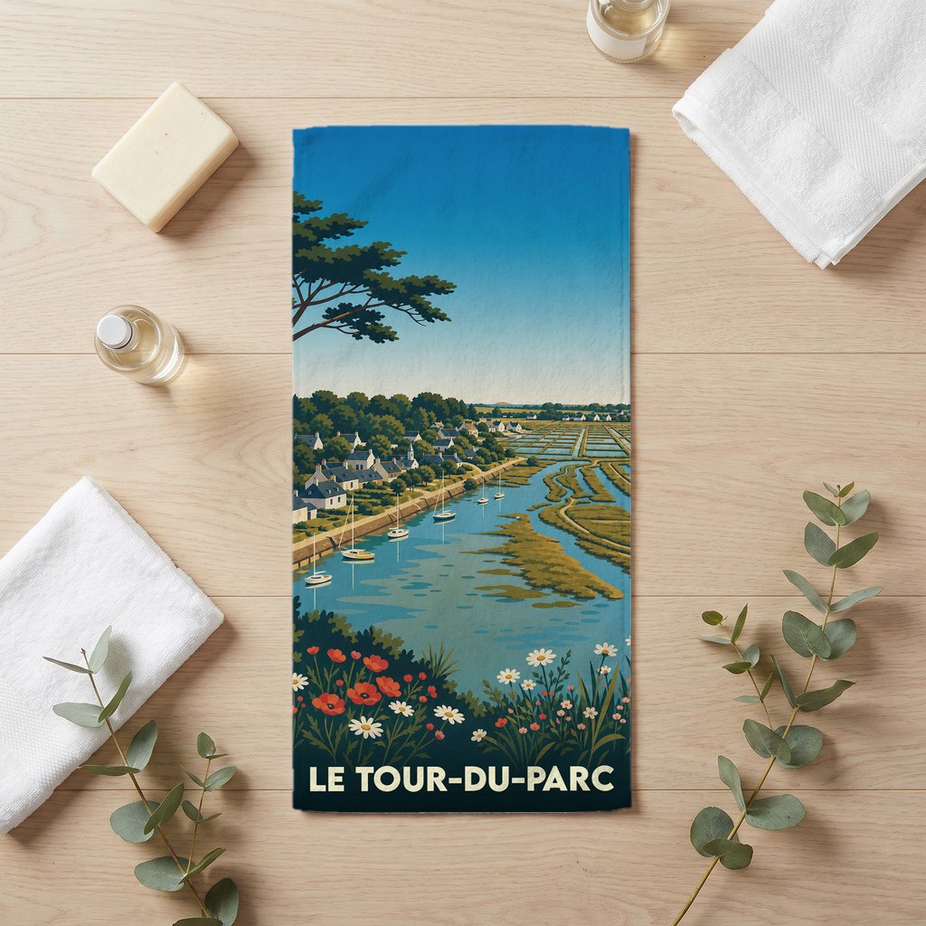 Serviette de bain souvenir de la ville de Le Tour-du-Parc avec une illustration stylisée de son paysage côtier.