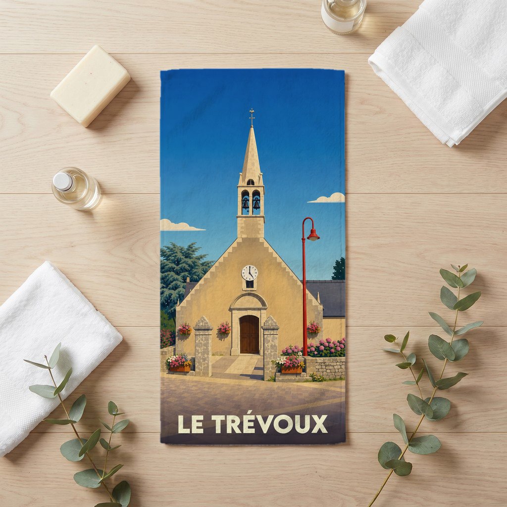 Serviette de bain souvenir de la ville de Le Trévoux avec une illustration stylisée de son église.