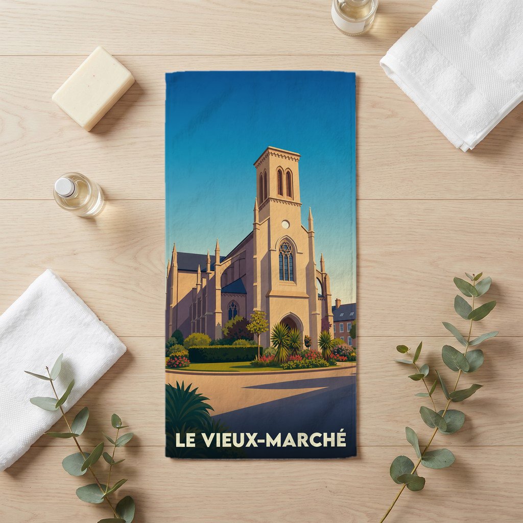 Serviette de bain souvenir de la ville de Le Vieux-Marché avec une illustration stylisée de son église.