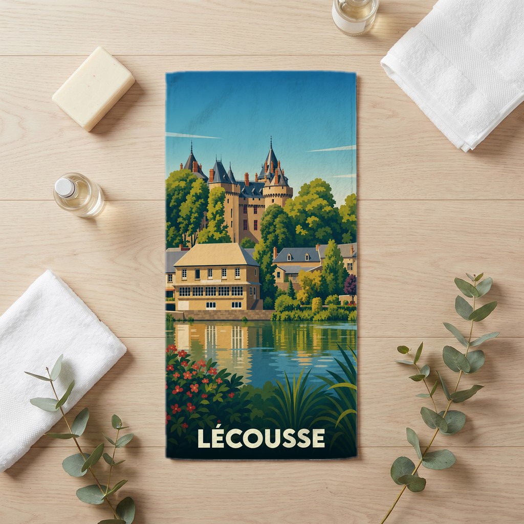 Serviette de bain souvenir de la ville de Lécousse avec une illustration stylisée d'un château au bord de l'eau.