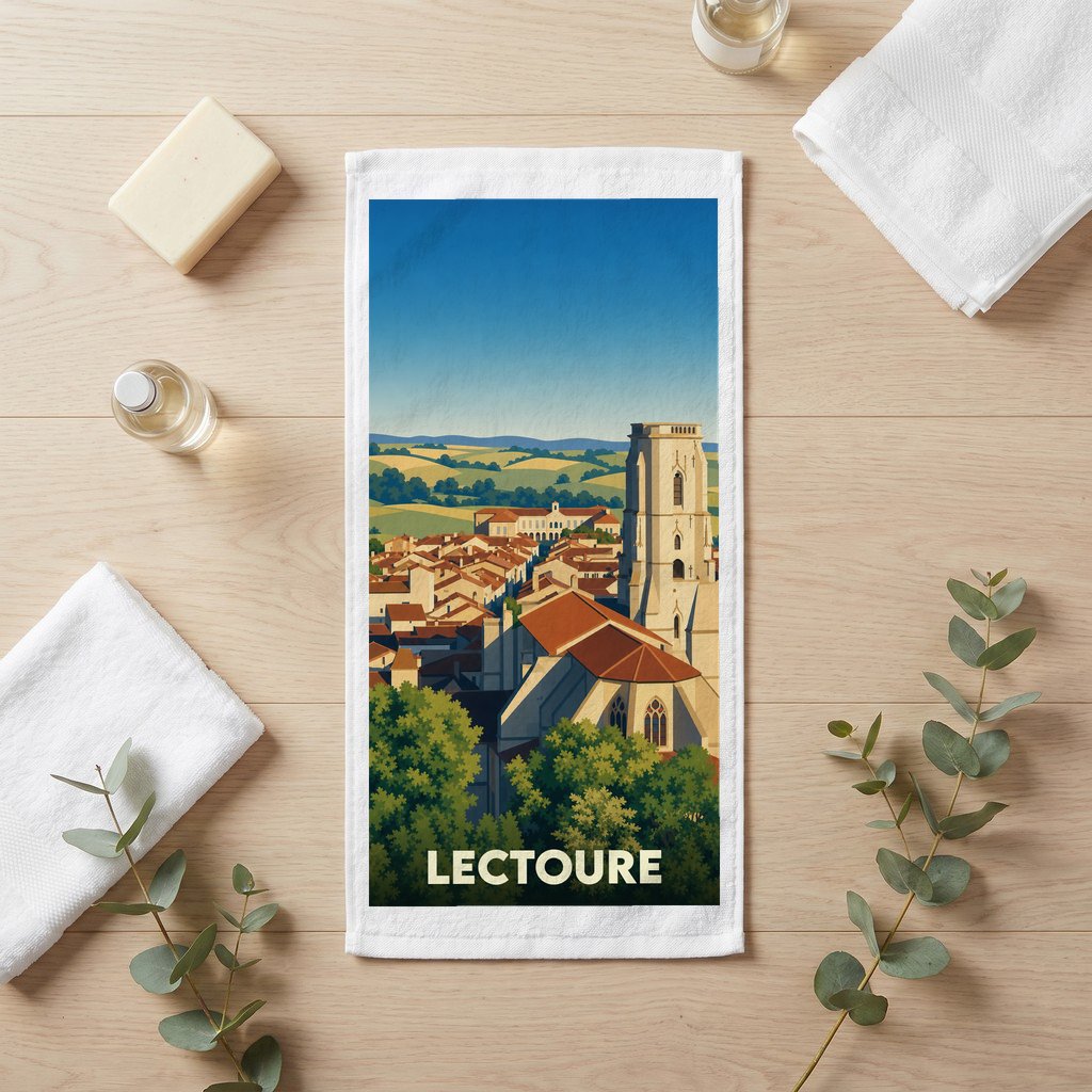 Serviette de bain souvenir de la ville de Lectoure avec une illustration stylisée.