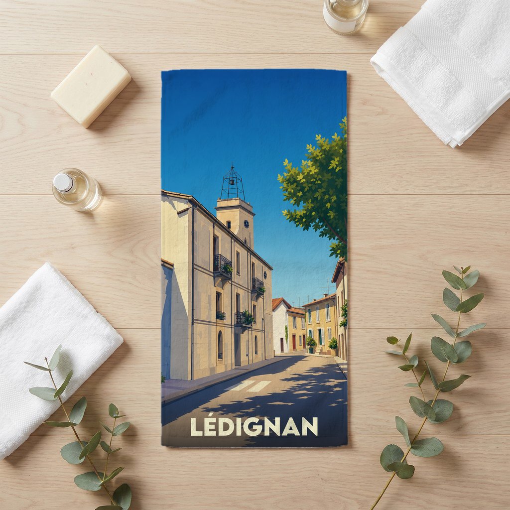Serviette de bain souvenir de la ville de Lédignan avec une illustration stylisée.