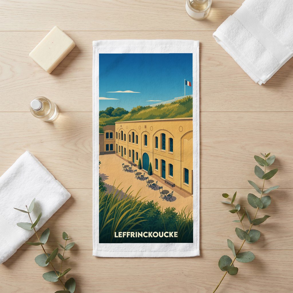 Serviette de bain souvenir de la ville de Leffrinckoucke avec une illustration stylisée d'un fort historique sous un ciel bleu.