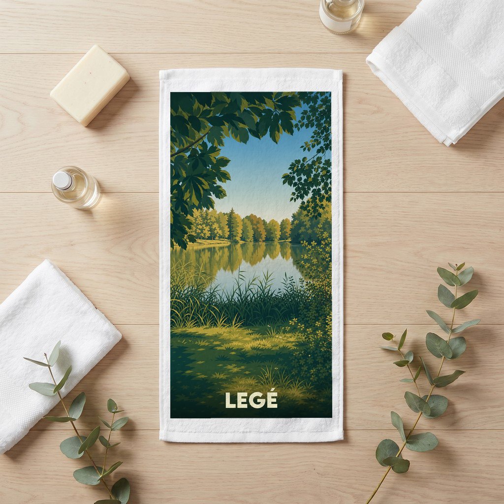 Serviette de bain souvenir de la ville de Legé avec une illustration stylisée de paysage naturel.