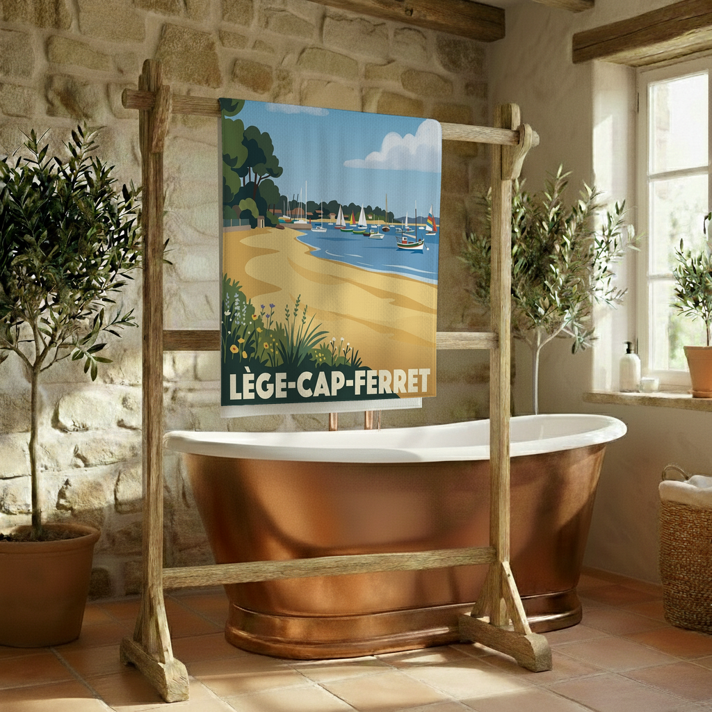 Serviette de bain souvenir de la ville de Lège-Cap-Ferret avec une illustration de paysage marin stylisée.