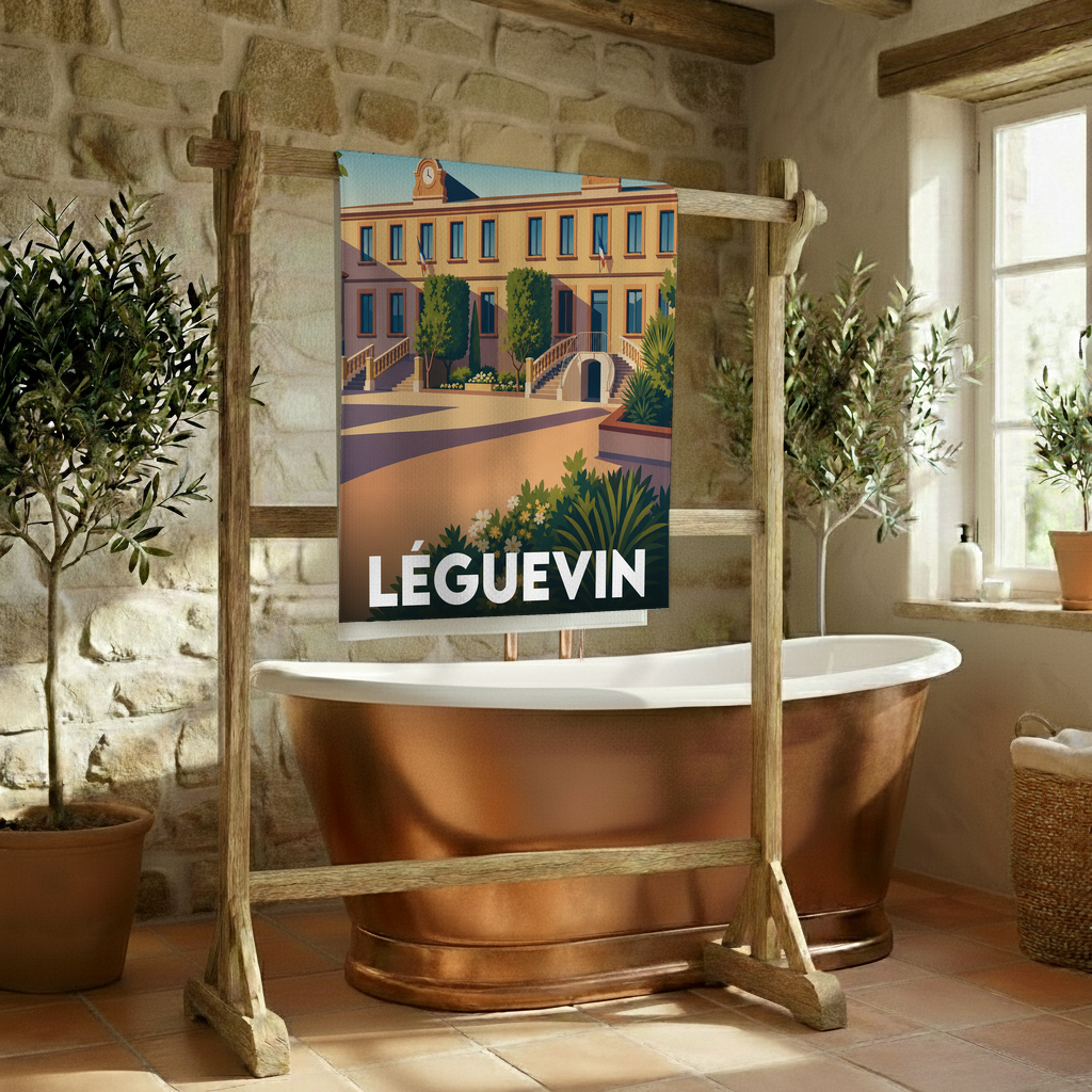 Serviette de bain souvenir de la ville de Léguevin avec une illustration stylisée de son architecture.