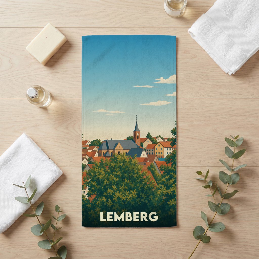 Serviette de bain souvenir de la ville de Lemberg avec une illustration stylisée.