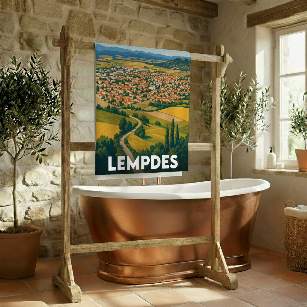 Serviette de bain souvenir de la ville de Lempdes avec une illustration paysagère stylisée.