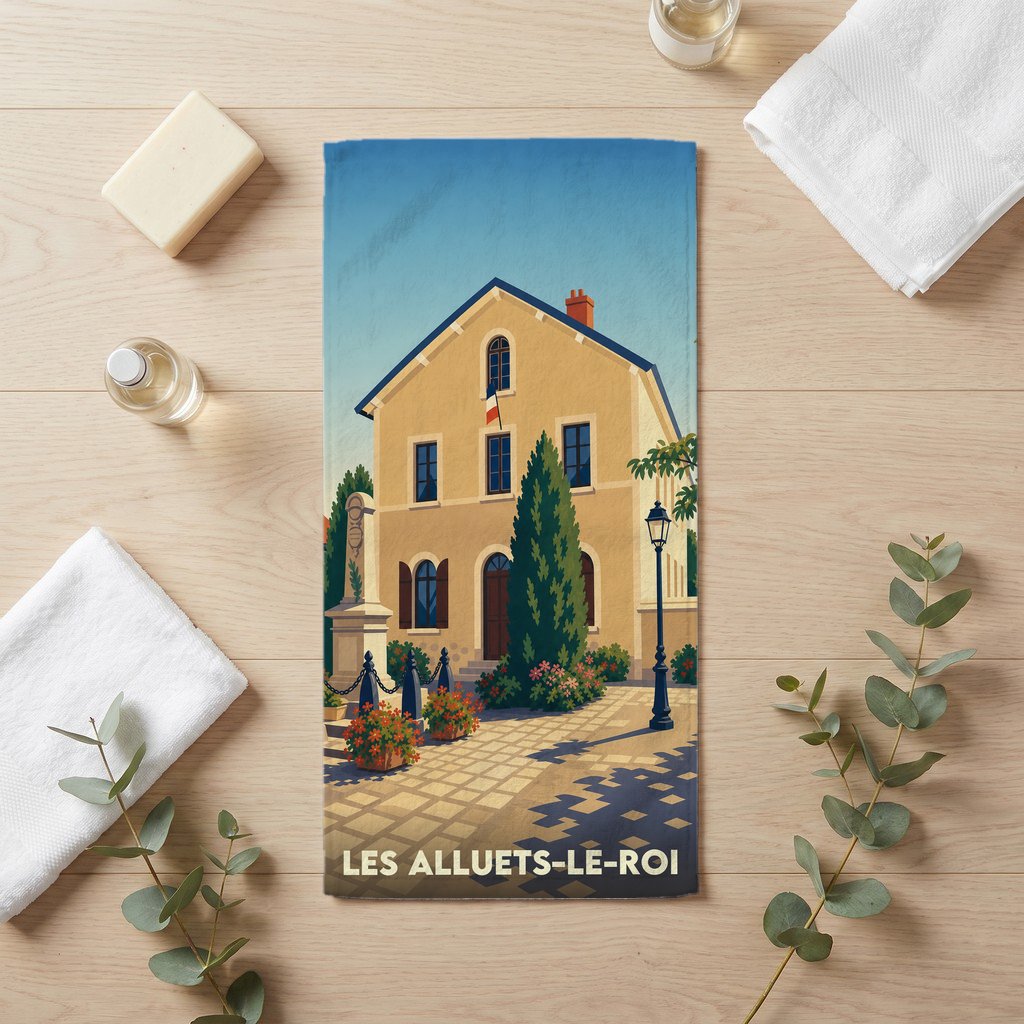 Serviette de bain souvenir de la ville de Les Alluets-le-Roi avec une illustration stylisée.