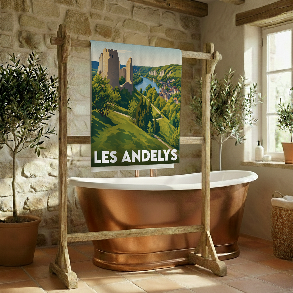 Serviette de bain souvenir de la ville de Les Andelys avec une illustration stylisée du Château Gaillard.