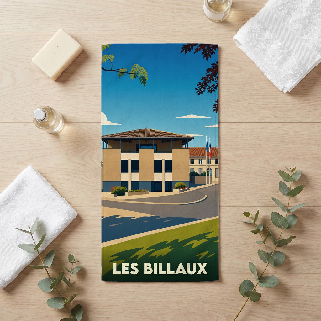 Serviette de bain souvenir de la ville de Les Billaux avec une illustration stylisée.