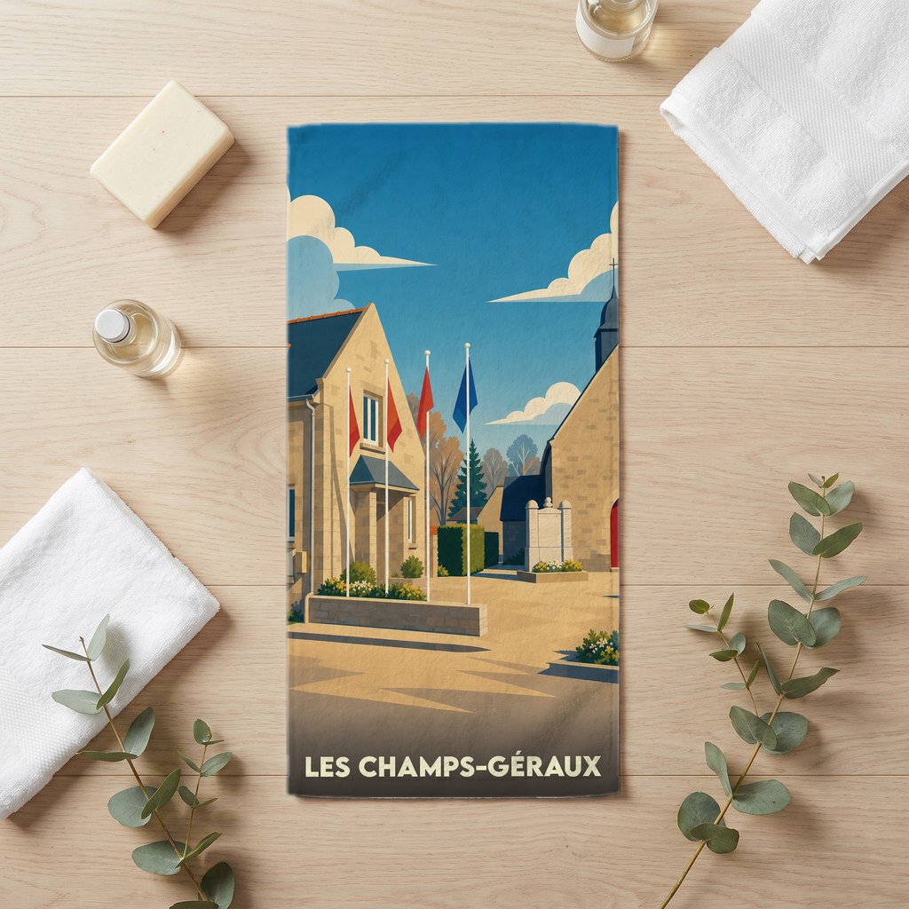 Serviette de bain souvenir de la ville de Les Champs-Géraux avec une illustration stylisée.