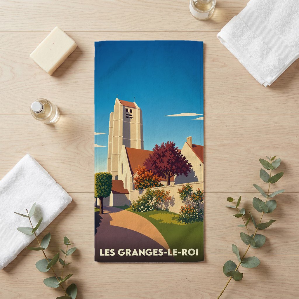 Serviette de bain souvenir de la ville de Les Granges-le-Roi avec une illustration stylisée.