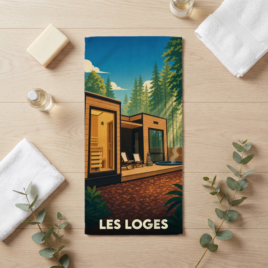 Serviette de bain souvenir de la ville de Les Loges avec une illustration stylisée d'un chalet moderne en forêt.