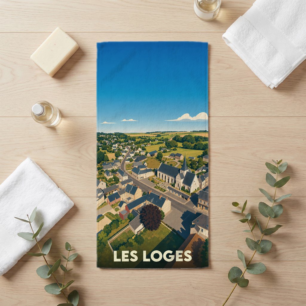 Serviette de bain souvenir de la ville de Les Loges avec une illustration stylisée.