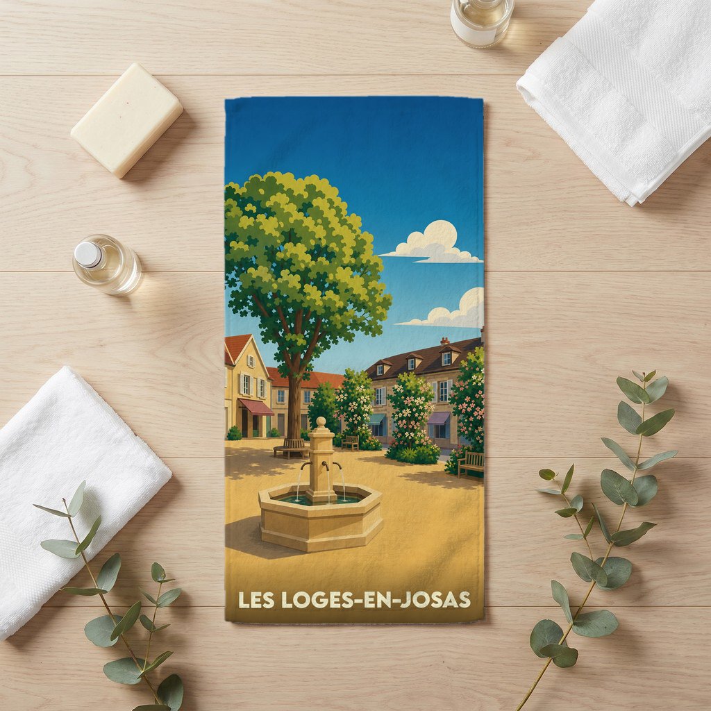 Serviette de bain souvenir de la ville de Les Loges-en-Josas avec une illustration stylisée.