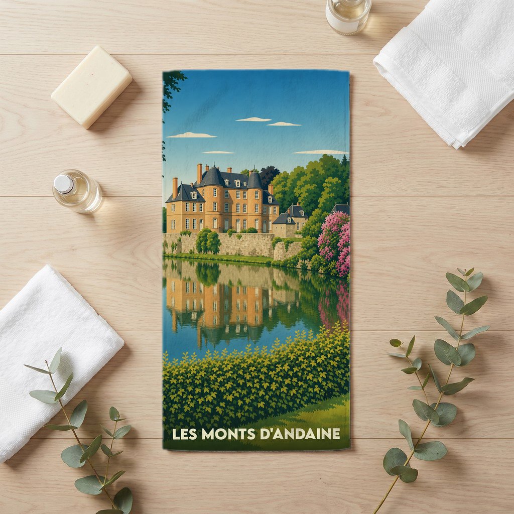 Serviette de bain souvenir de la commune de Les Monts d'Andaine arborant une illustration stylisée de son château.
